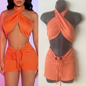 Neon Orange Cross Wrap Halter Top & Knot front shorts